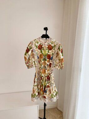 Alemais Romantic Floral Vase Print Lace Puff Sleeve Tie-Waist Mini Dress